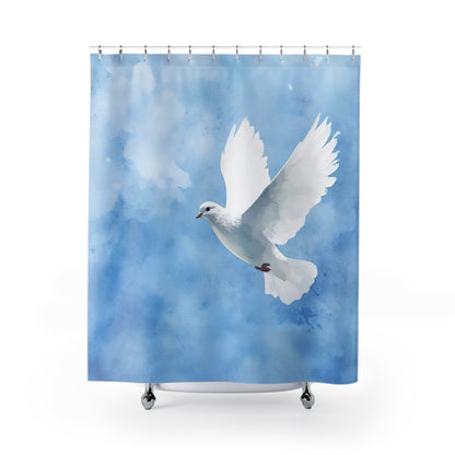 White dove illustration on blue watercolor background shower curtain, Christian home decor