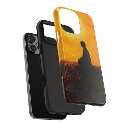 Phone case with silhouette meditation figure and sunset art, mindful spiritual accessory