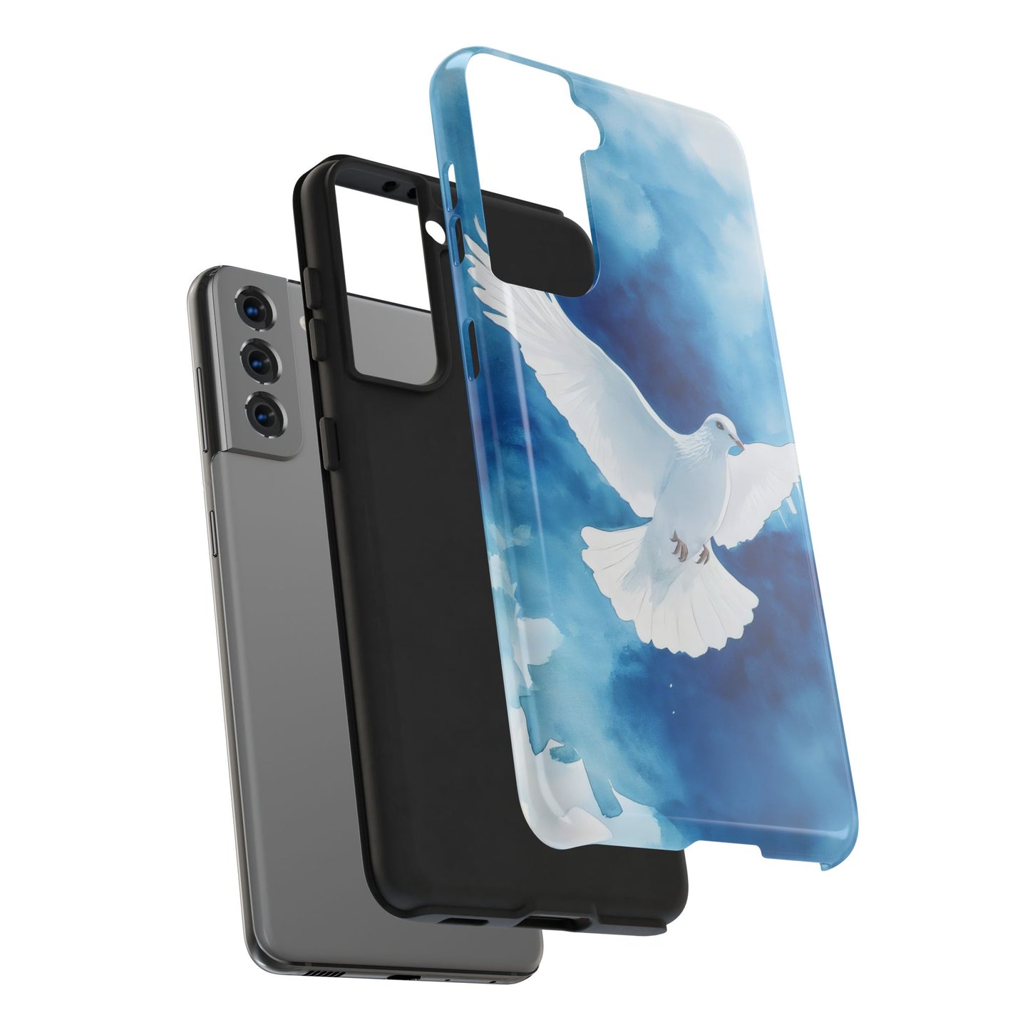 Christian phone case with white dove artwork on blue, shown with compatible smartphone