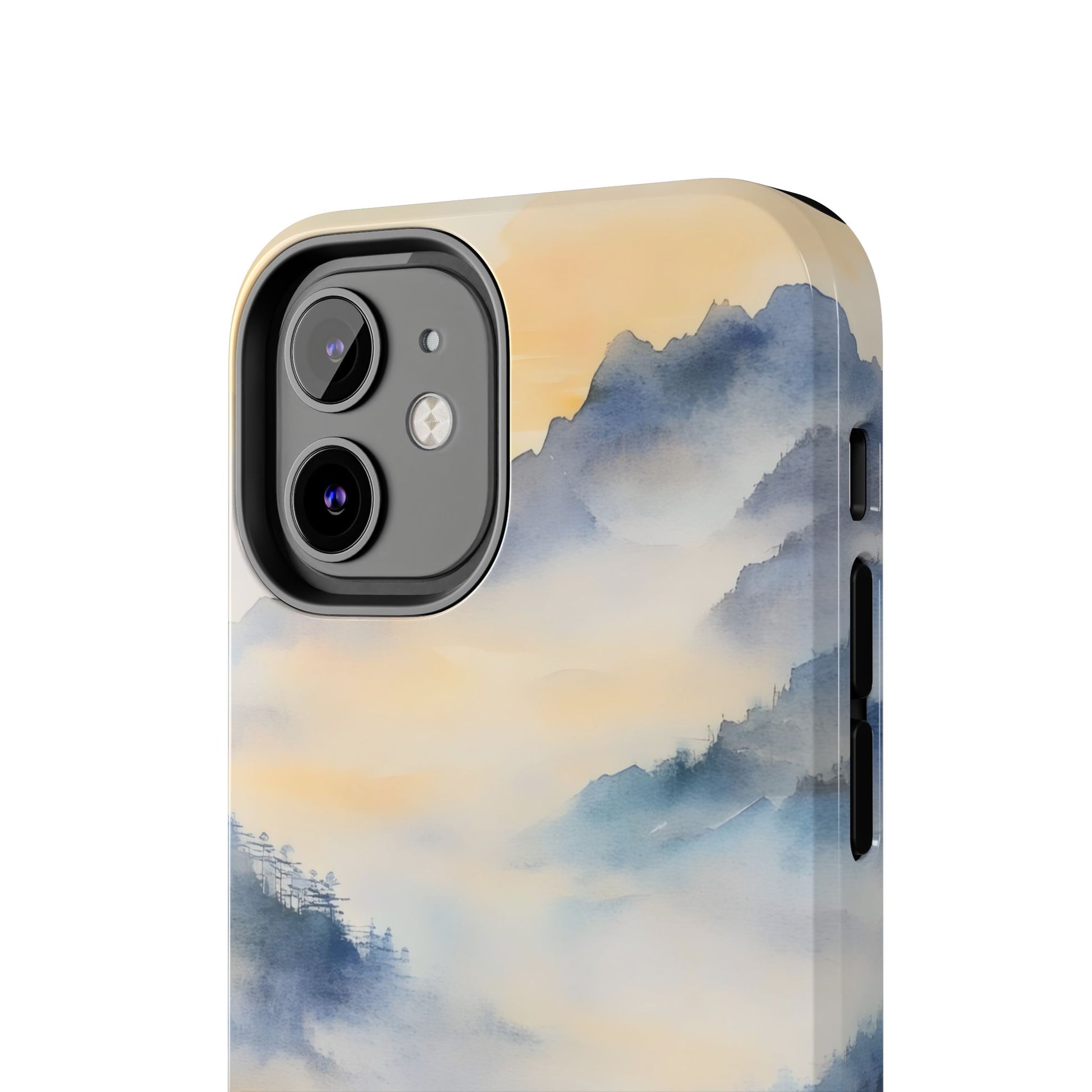 Phone case with serene watercolor mountain landscape in misty blue and gold tones