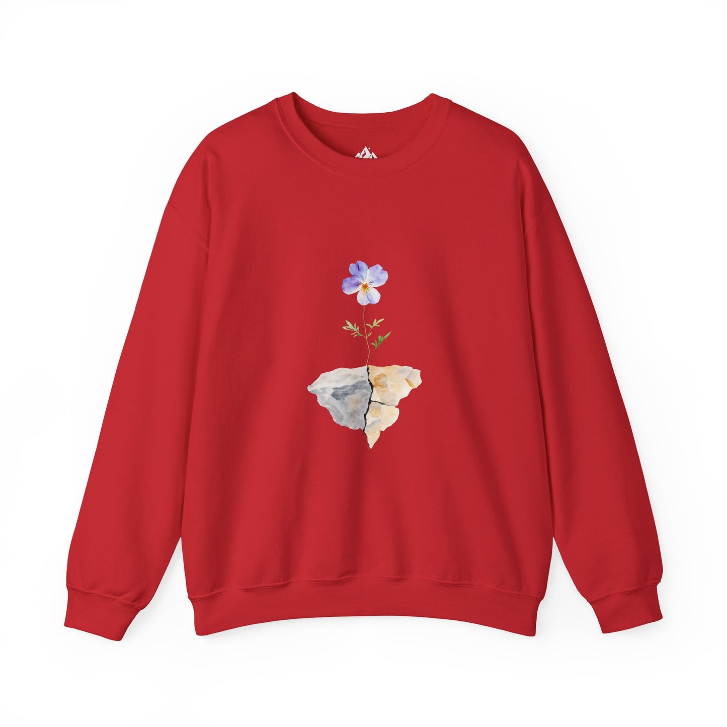 Red Christian sweatshirt with blue flower blooming through cracked rock graphic
