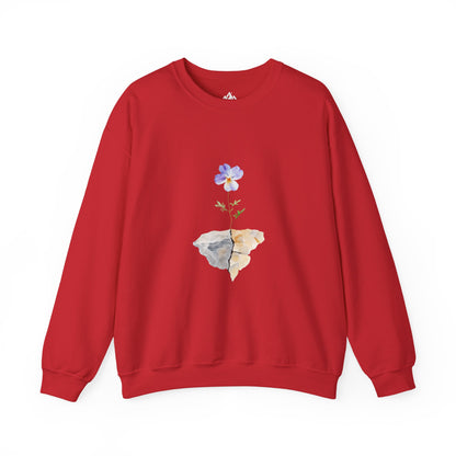 Red Christian sweatshirt with blue flower blooming through cracked rock graphic