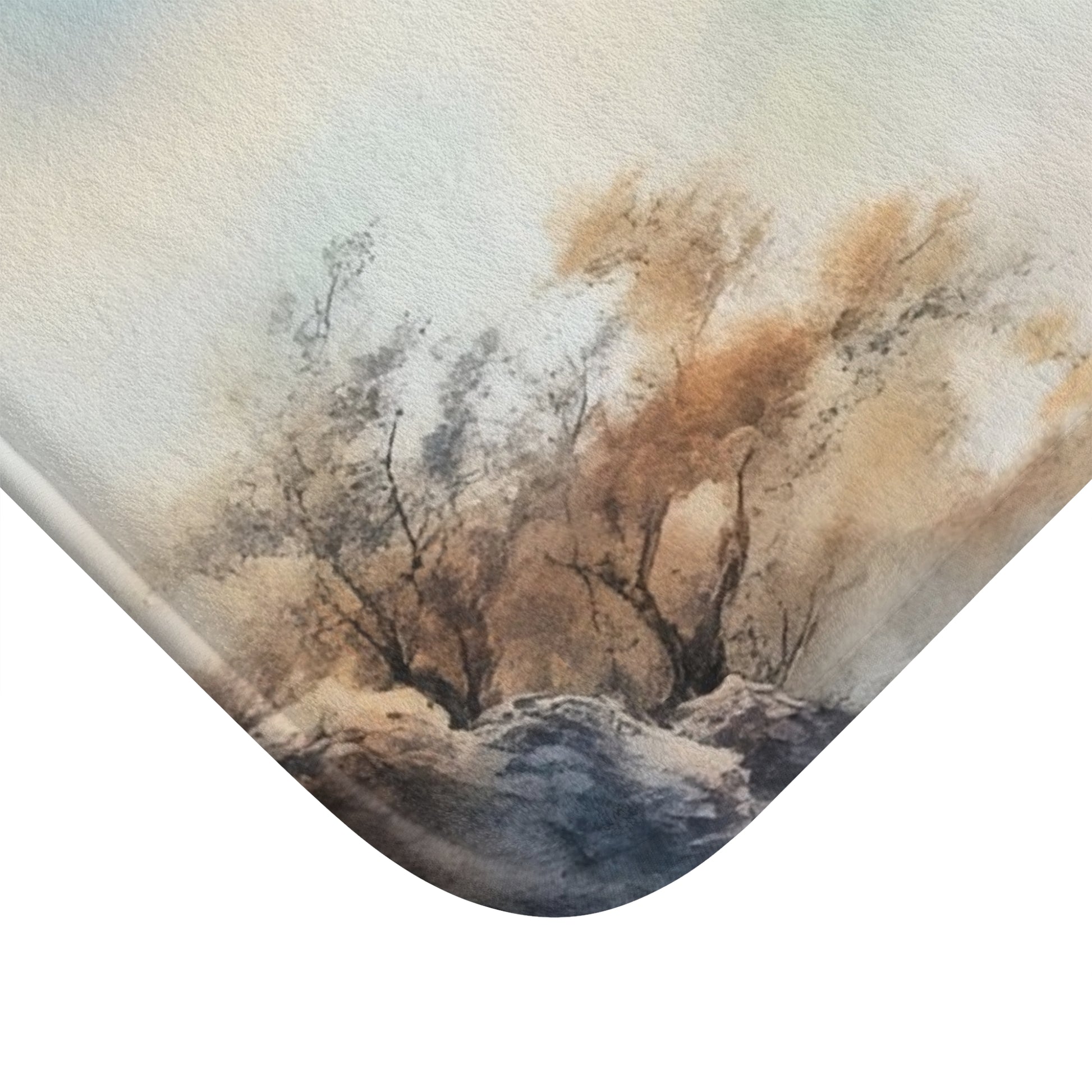 Watercolor trees and rocks with soft neutral tones on fabric, Christian wall art detail