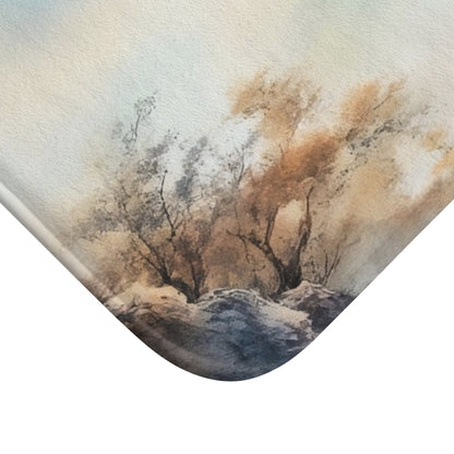 Watercolor trees and rocks with soft neutral tones on fabric, Christian wall art detail