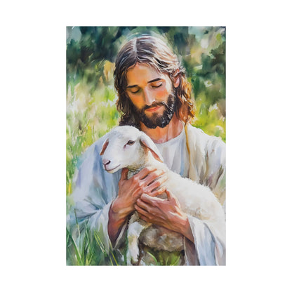 Watercolor art of Jesus holding a lamb, Christian wall decor with serene green background