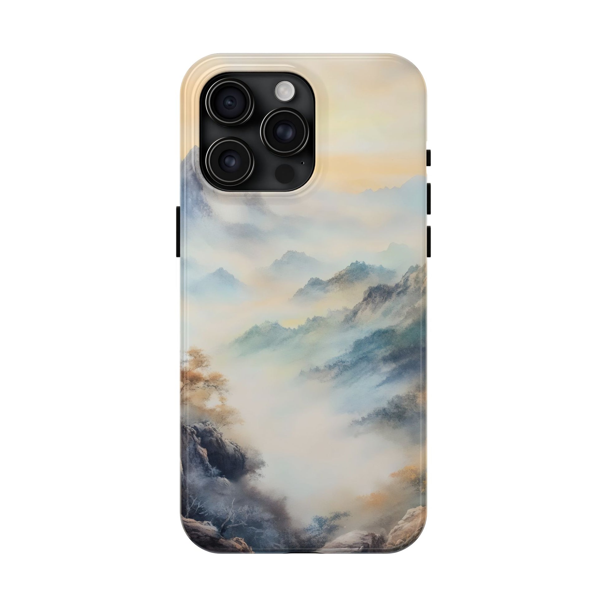 Phone case with serene watercolor mountain landscape and misty sunrise design