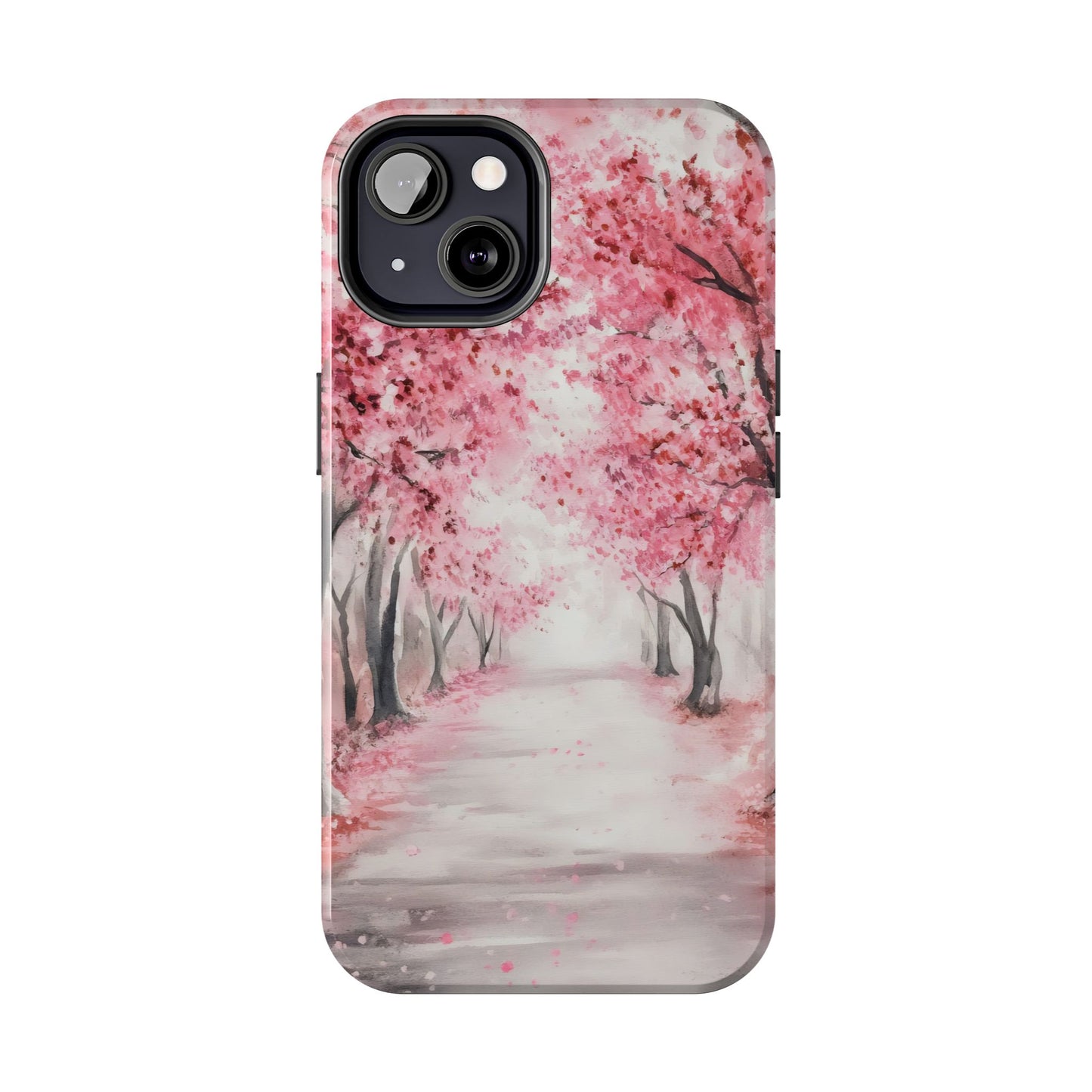 Phone case with pink cherry blossom trees and a serene pathway watercolor design
