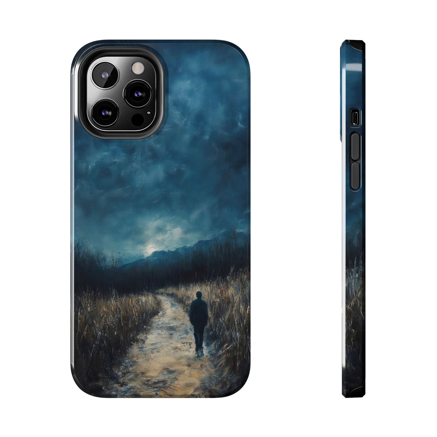 Phone case with moody landscape art of a person walking on a path under a dramatic night sky