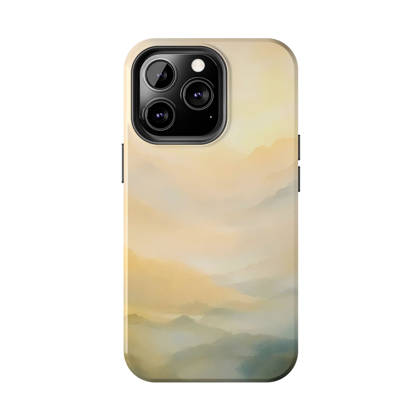 Minimalist phone case with soft pastel watercolor mountain landscape design