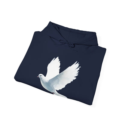 Navy blue hoodie with white dove graphic, Christian faith-inspired apparel