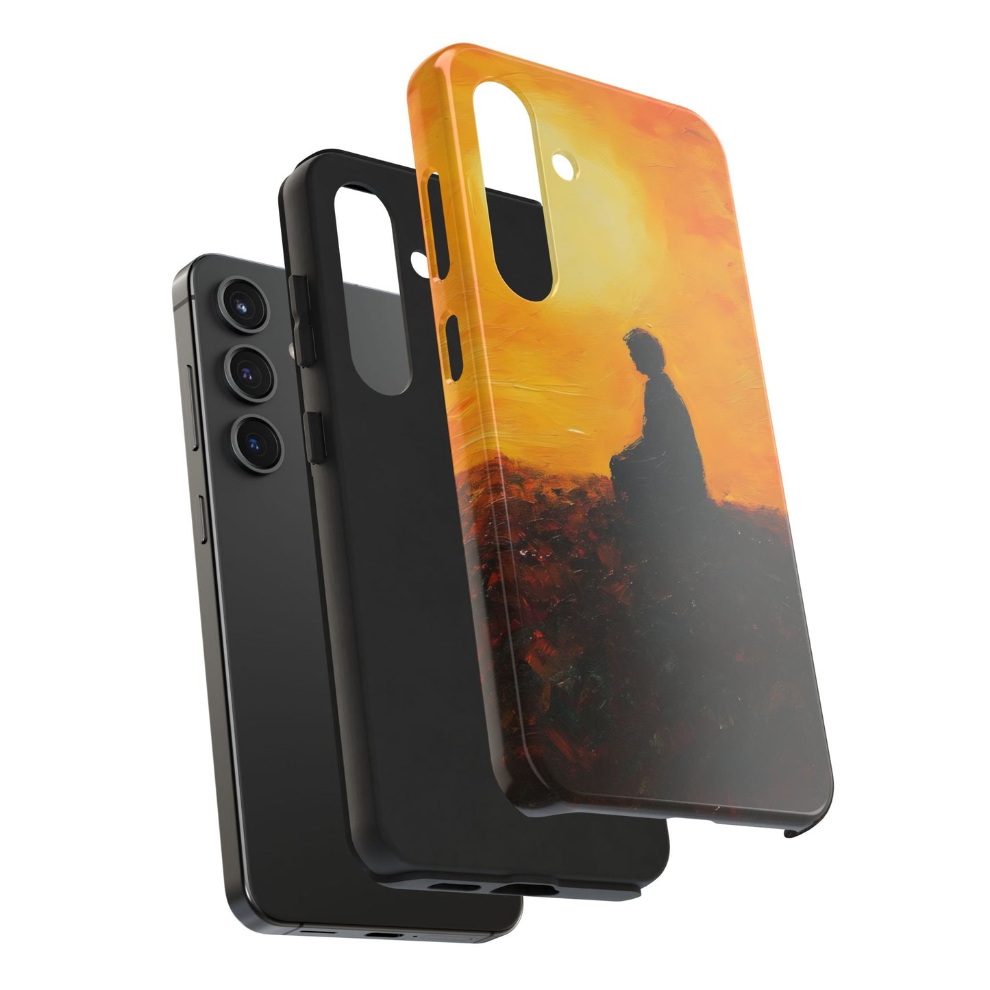 Phone case with contemplative silhouette against orange sunset, spiritual art design