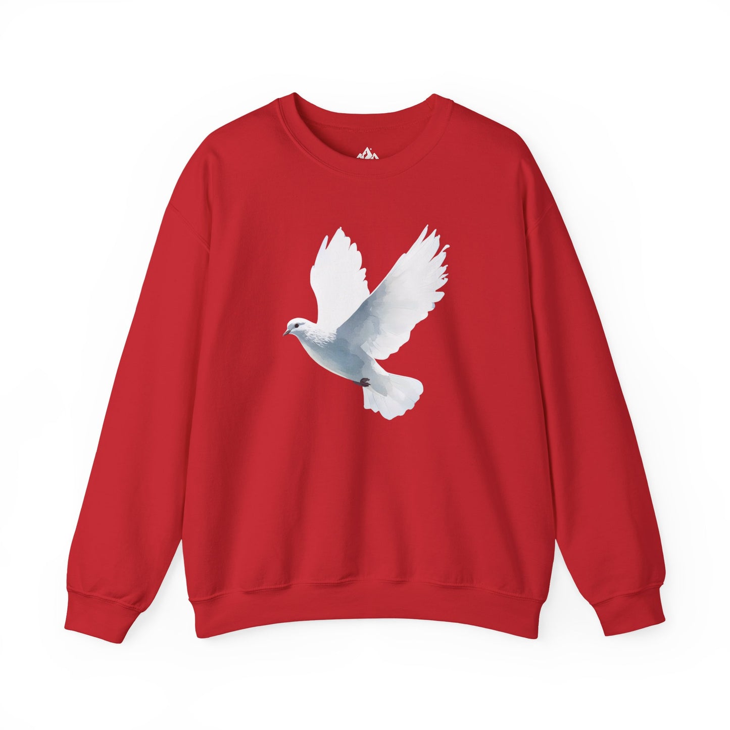 Red Christian sweatshirt with white dove graphic symbolizing peace and faith