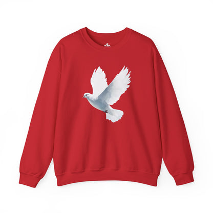 Red Christian sweatshirt with white dove graphic symbolizing peace and faith