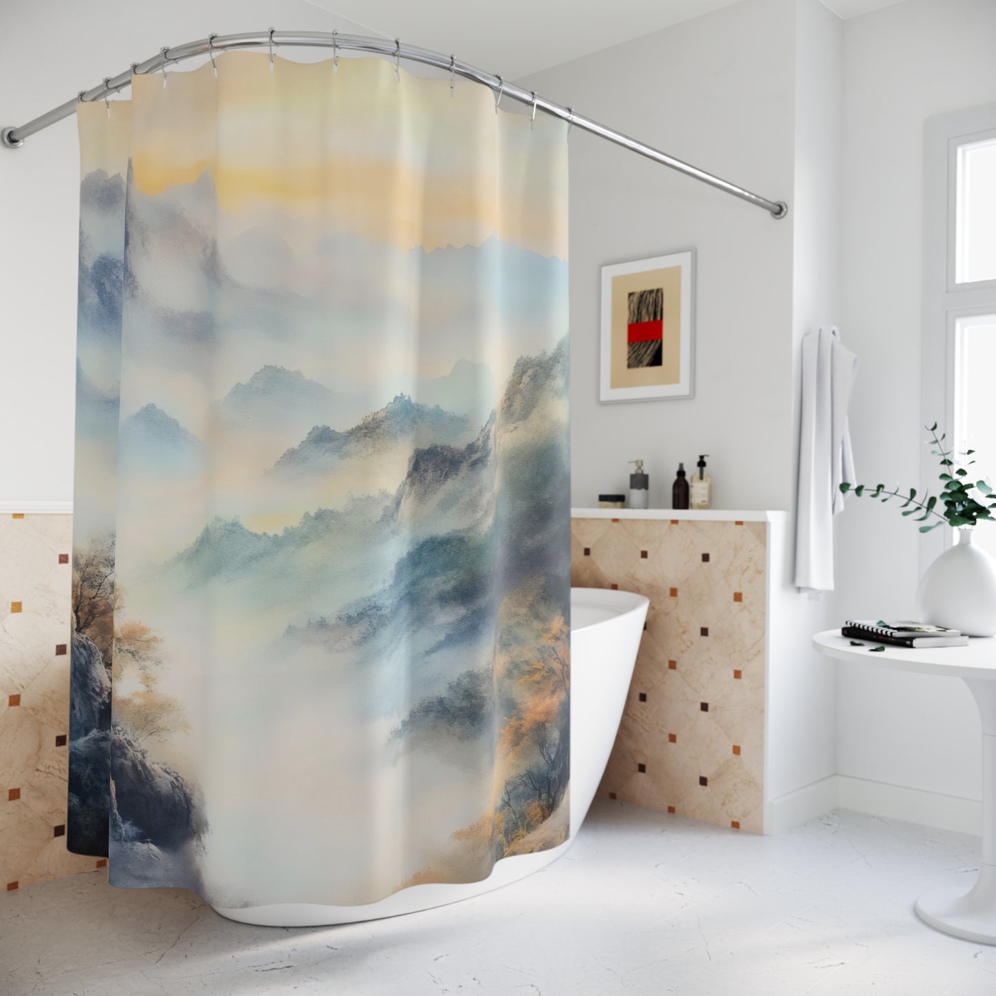 Mountain landscape shower curtain in a modern minimalist bathroom with neutral decor.