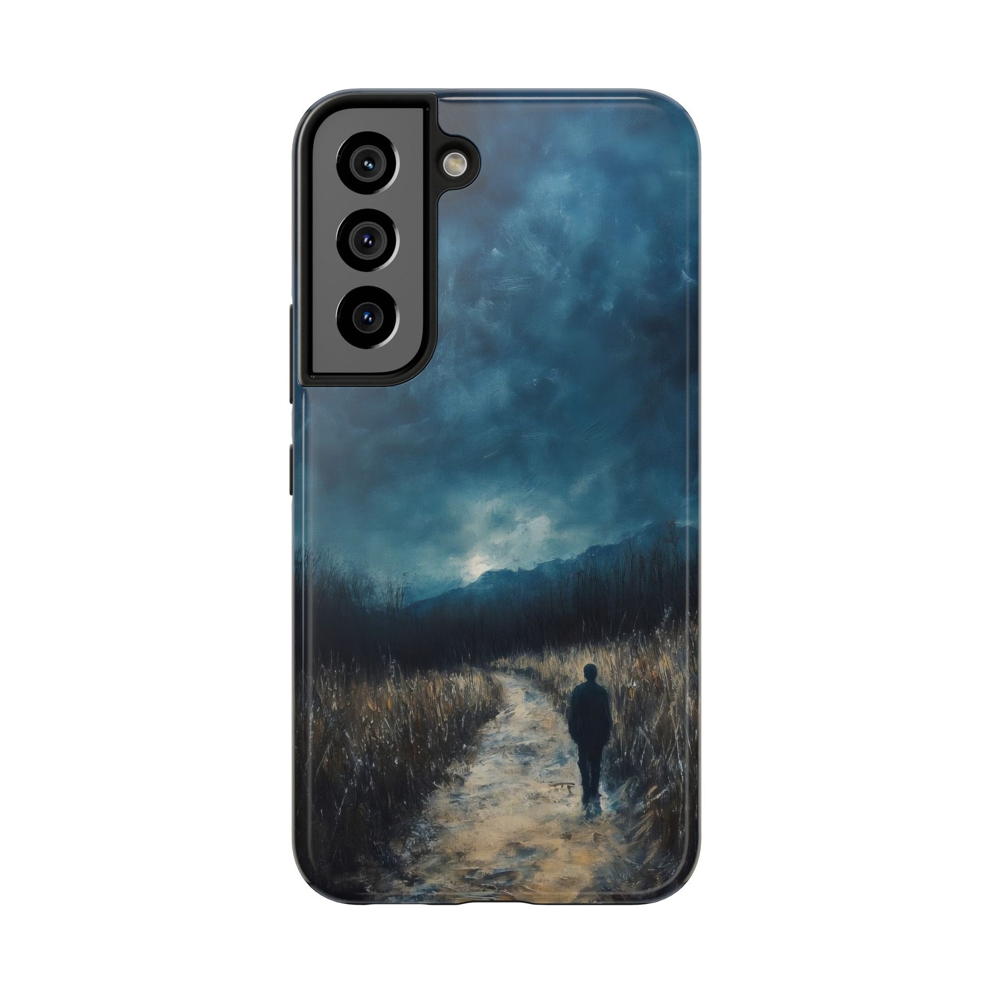 Phone case with solitary figure walking on a path through moody landscape under cloudy sky