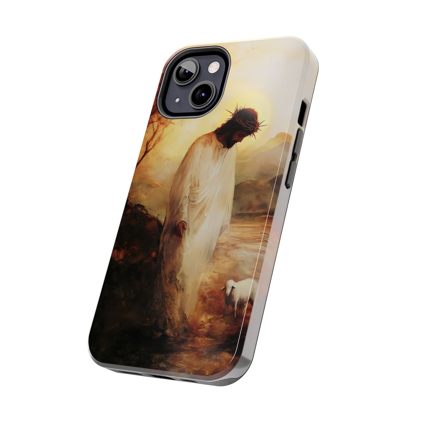 Christian phone case with Jesus and a lamb, spiritual artwork, faith-inspired accessory
