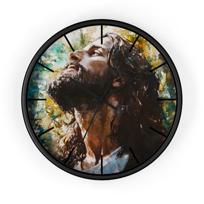 Christian wall clock with a soft watercolor portrait of Jesus