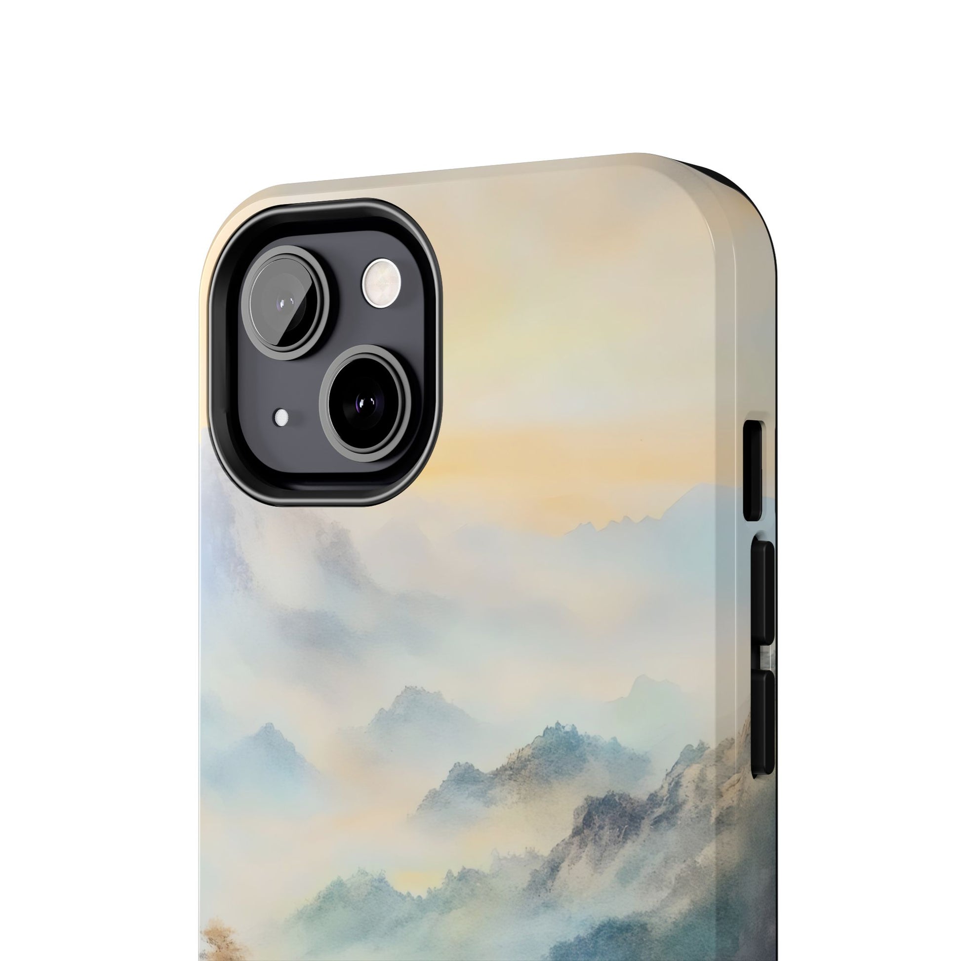 Phone case with serene mountain landscape and soft pastel misty sky design