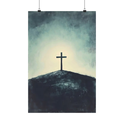 Christian cross silhouette on hill with radiant light, spiritual wall art decor