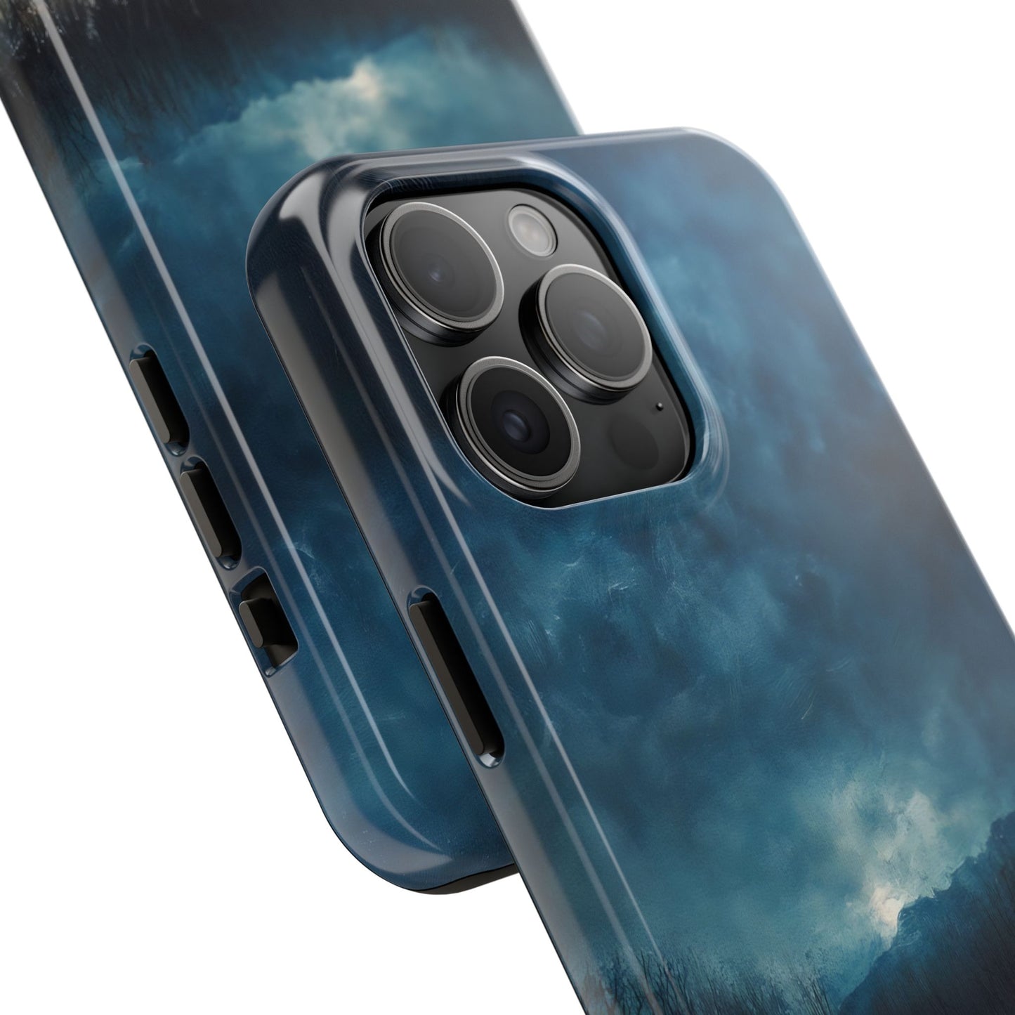Close-up of a smartphone with a glossy blue phone case featuring a tranquil cloudy sky design