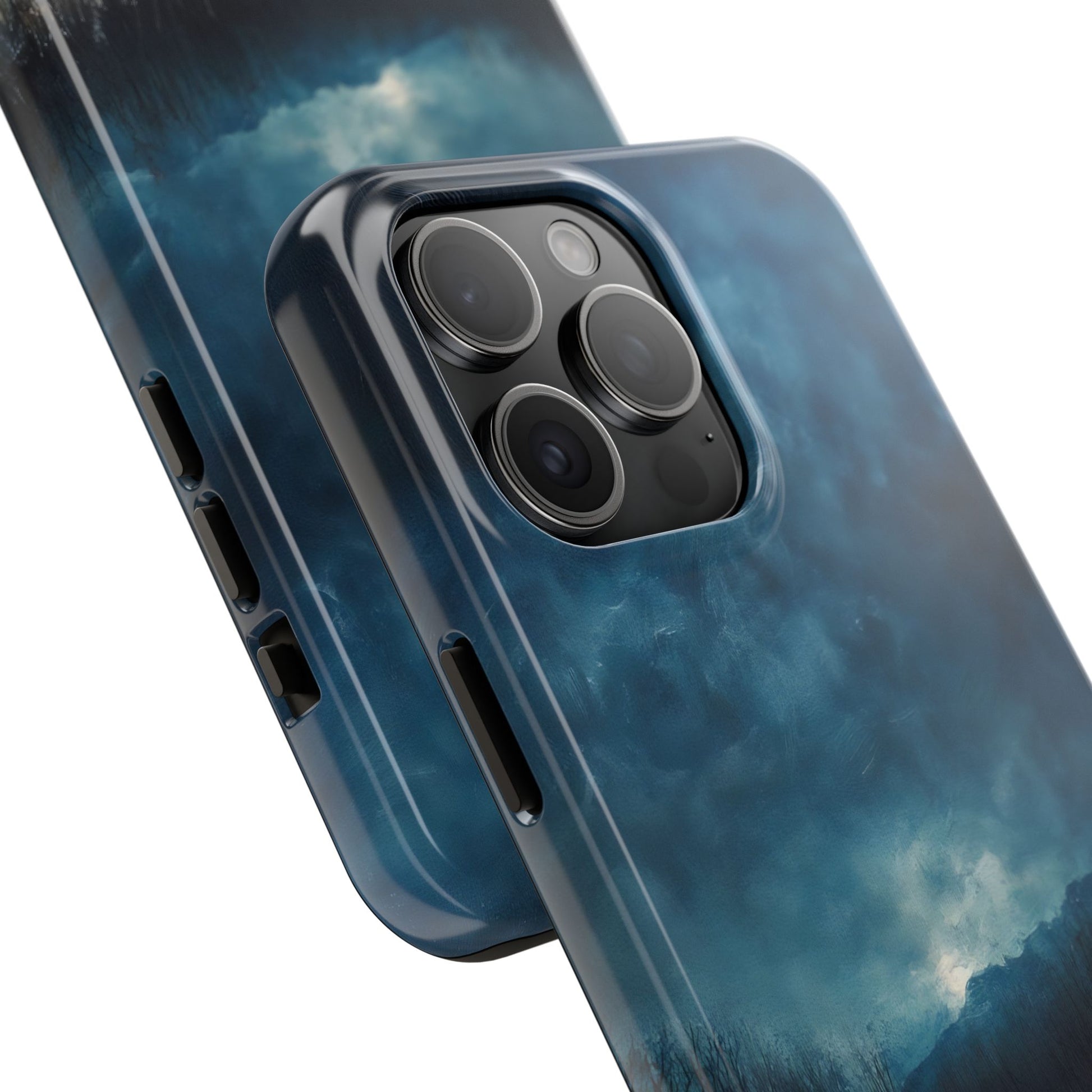 Close-up of a smartphone with a glossy blue phone case featuring a tranquil cloudy sky design