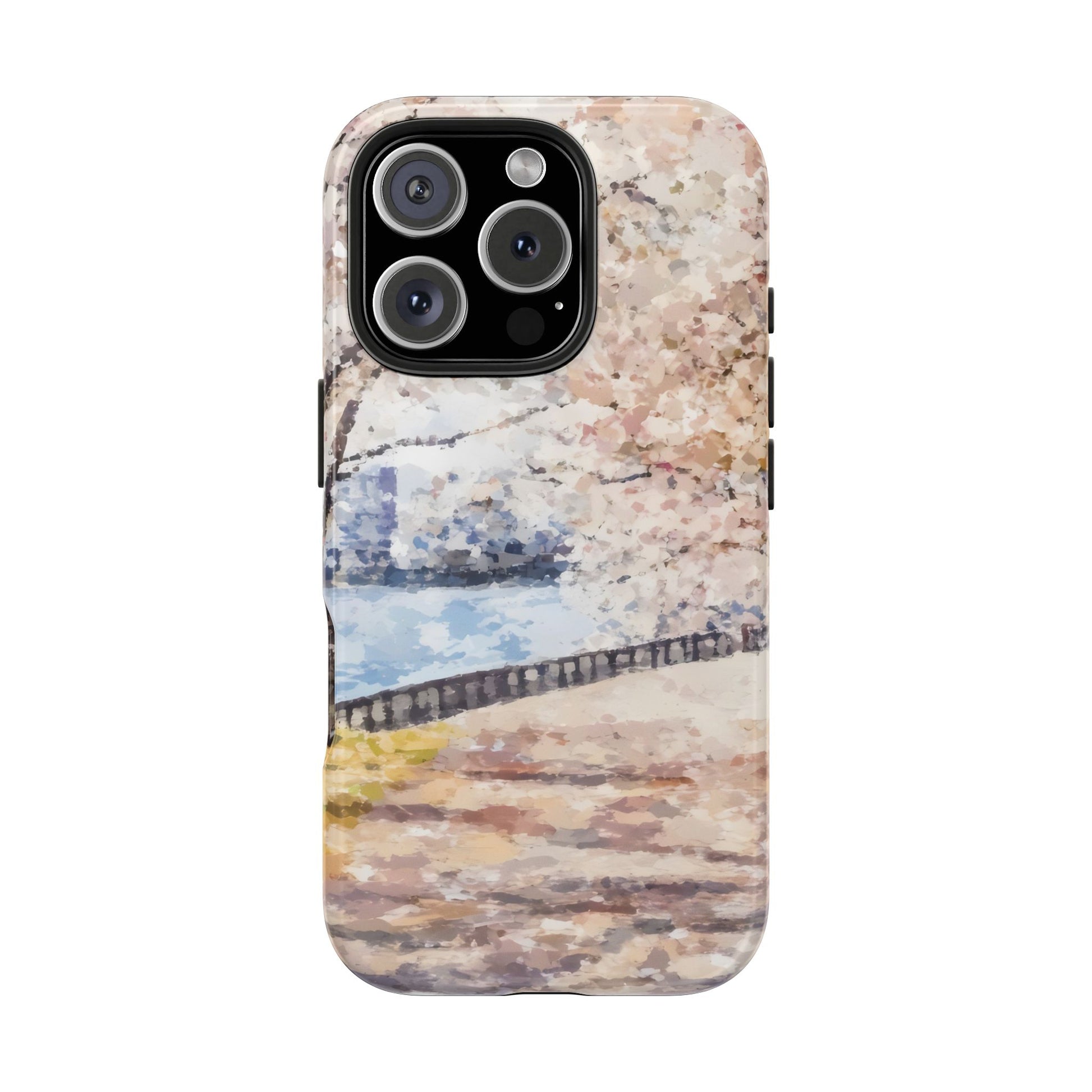Watercolor cherry blossom tree and serene river landscape on phone case