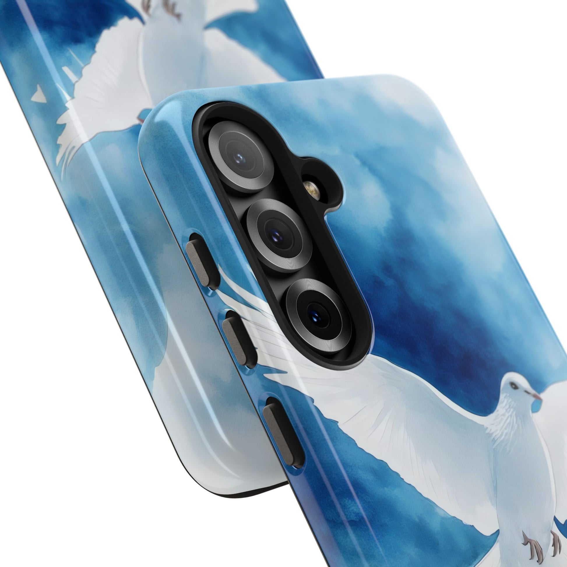 Phone case with white dove illustration on blue sky background, Christian art accessory