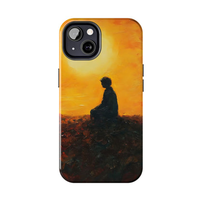 Phone case with silhouette of person meditating at sunset, spiritual peaceful art