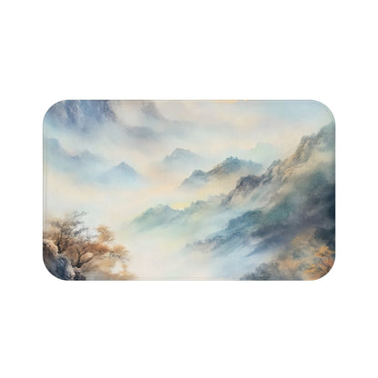 Christian wall art bath mat with watercolor misty mountain landscape and peaceful scenery
