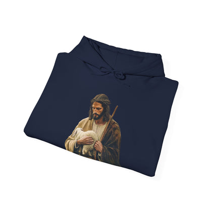 Navy blue hoodie with printed image of Jesus holding a lamb, Christian faith apparel