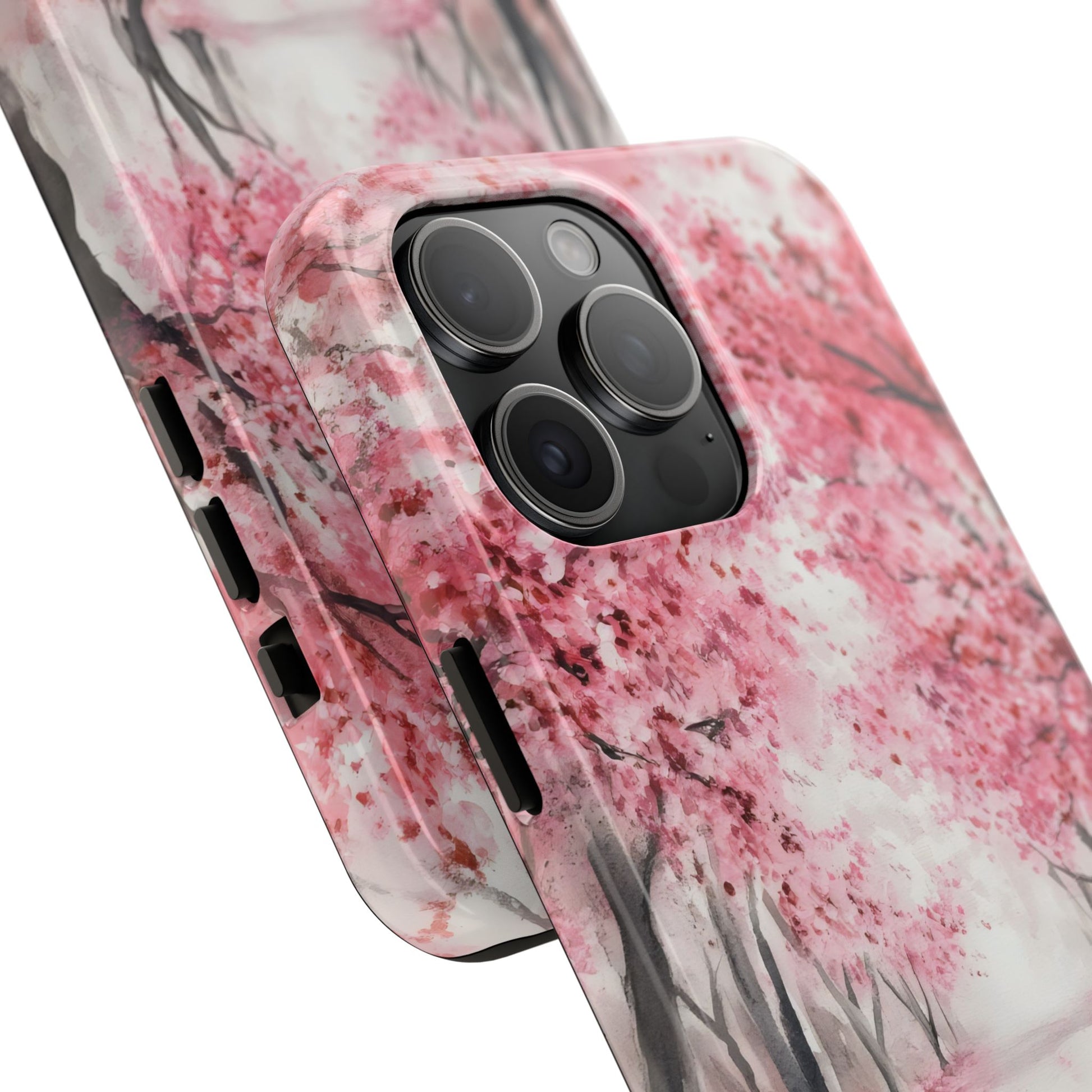 Pink cherry blossom iPhone case with watercolor floral tree design, protective cover