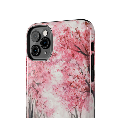 iPhone case with pink cherry blossom tree watercolor design, floral phone accessory
