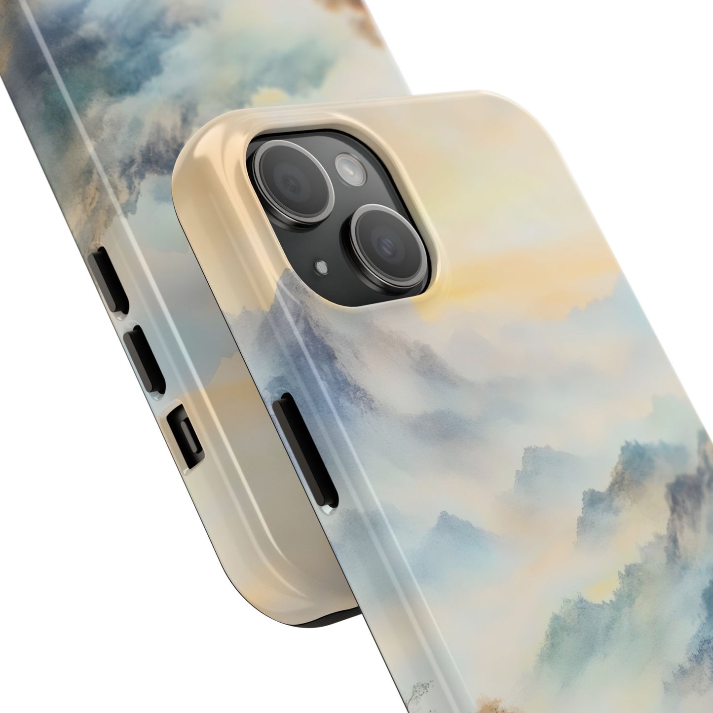 iPhone case with soft watercolor clouds design in pastel blue, yellow, and beige hues