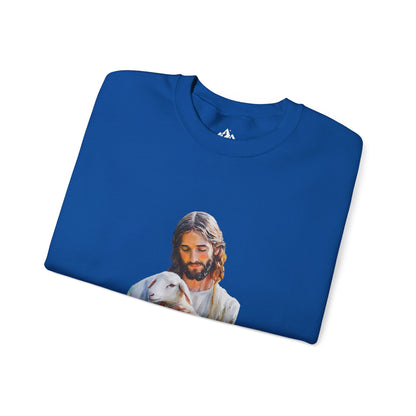 Blue Christian sweatshirt with an illustration of Jesus holding a lamb, spiritual apparel