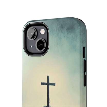 Christian phone case with minimalist black cross on soft blue and beige gradient background
