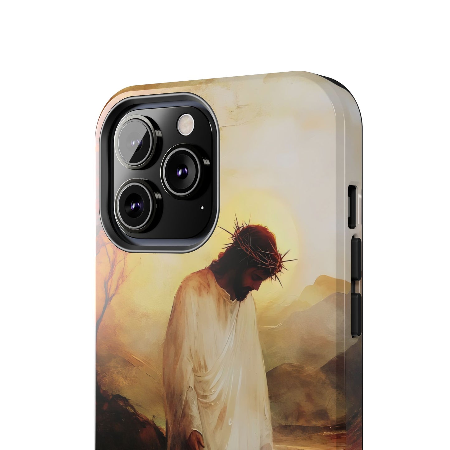 Phone case featuring Jesus with crown of thorns, sunset background, Christian art design