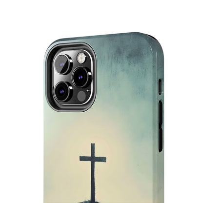 Christian phone case with cross design, subtle blue gradient, spiritual minimalist style