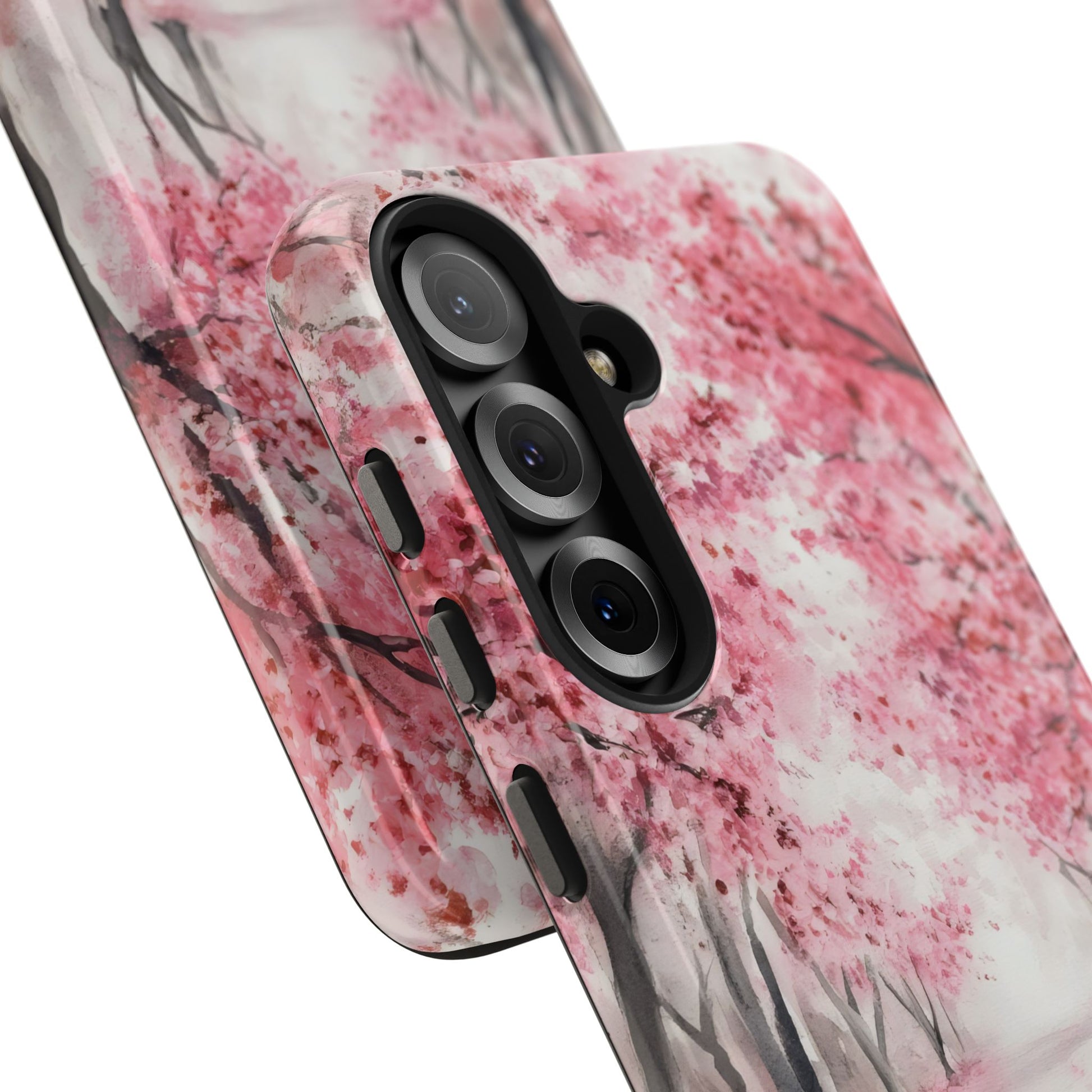 Phone case with pink cherry blossom tree art, floral nature-inspired protective cover