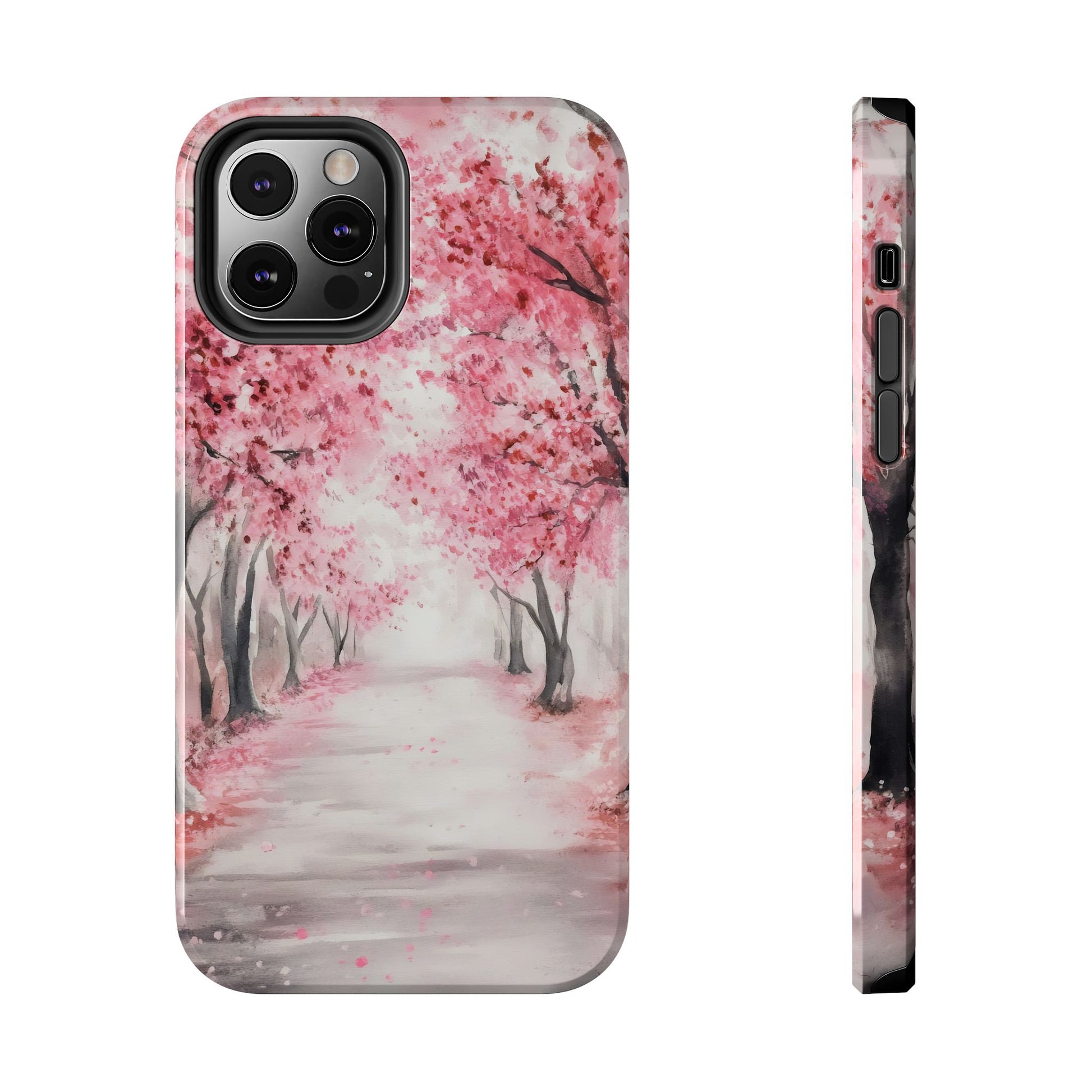 Phone case featuring watercolor pink cherry blossom trees along a peaceful path