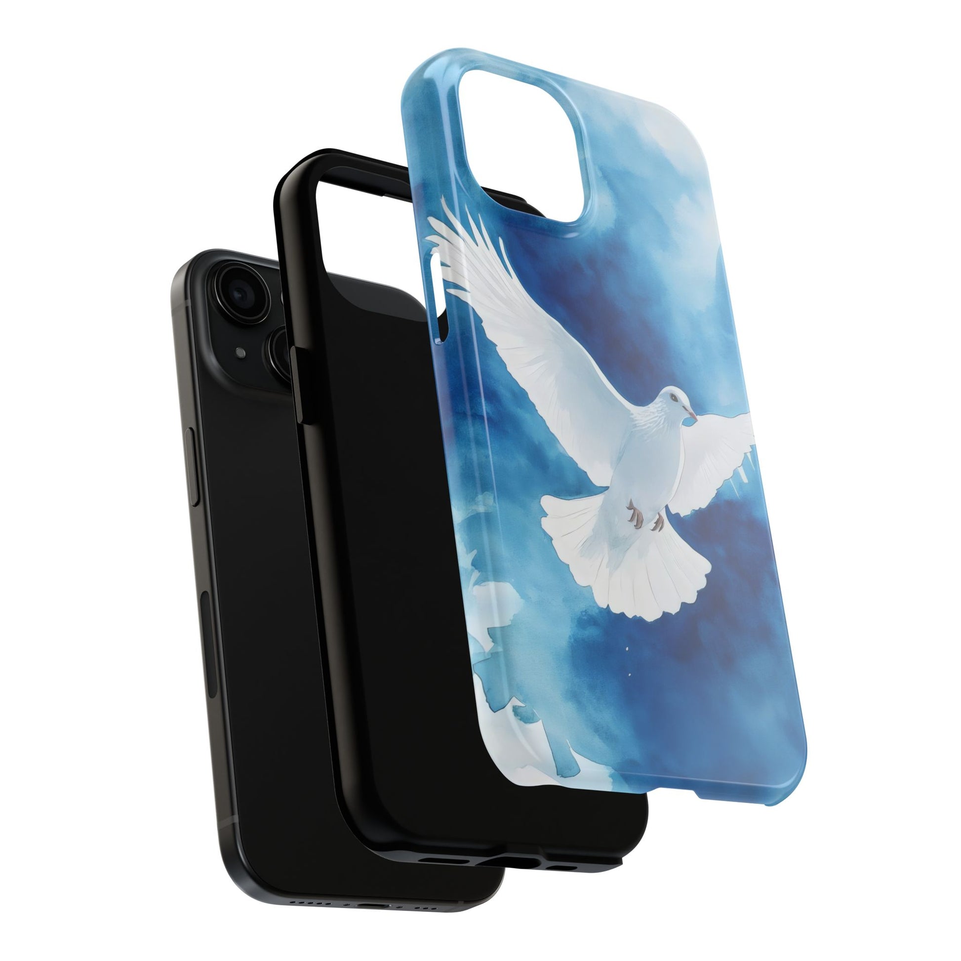 Christian phone case with white dove and blue sky, faith-inspired protective cover