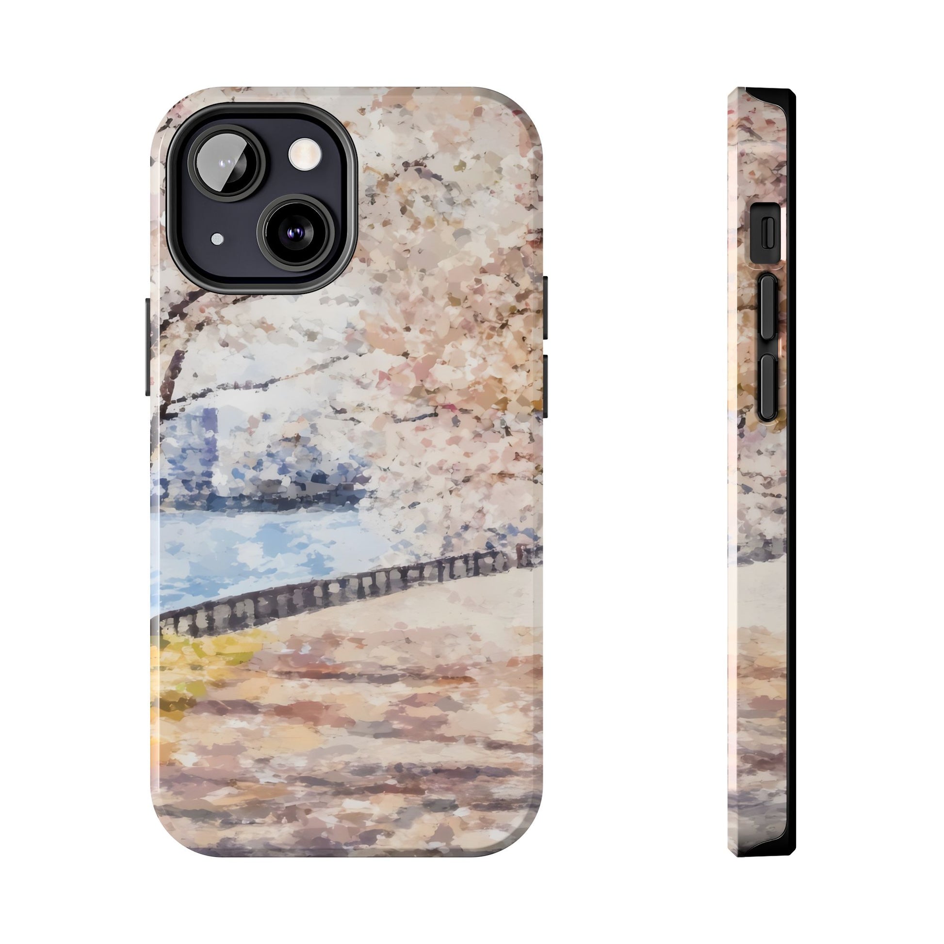Phone case with pastel impressionist cherry blossom trees beside a serene riverside path.
