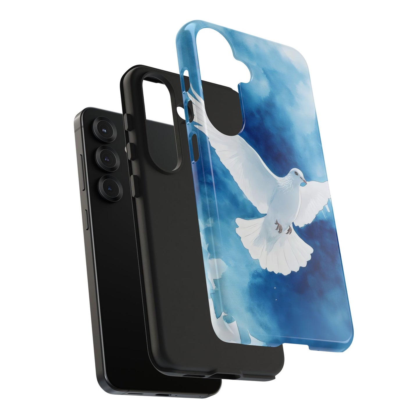 Protective phone case featuring a white dove in flight on a blue sky background