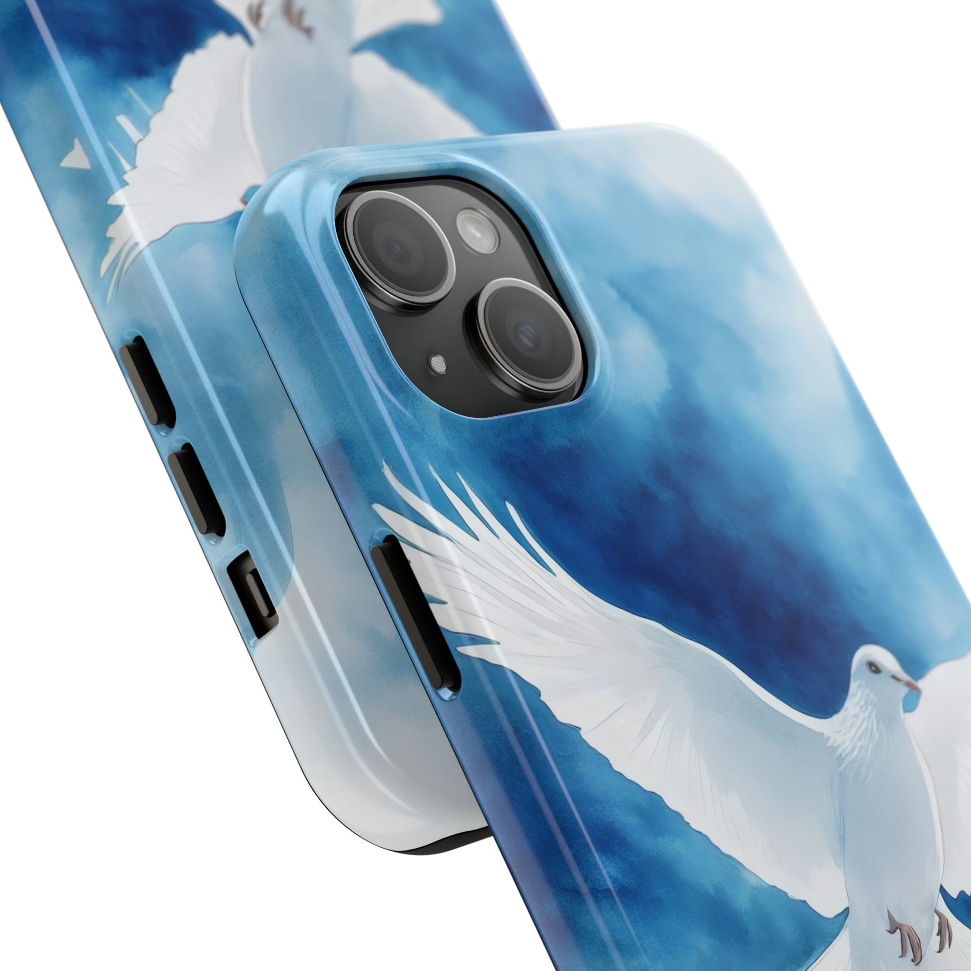 Close-up of phone case with white dove and blue sky design, Christian spiritual accessory