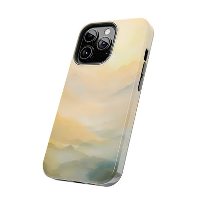 iPhone case with soft pastel misty mountain landscape design, minimalist phone accessory