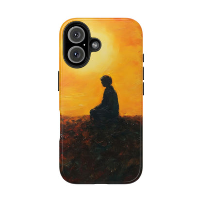 Phone case with silhouette of a person meditating at sunset, spiritual art design