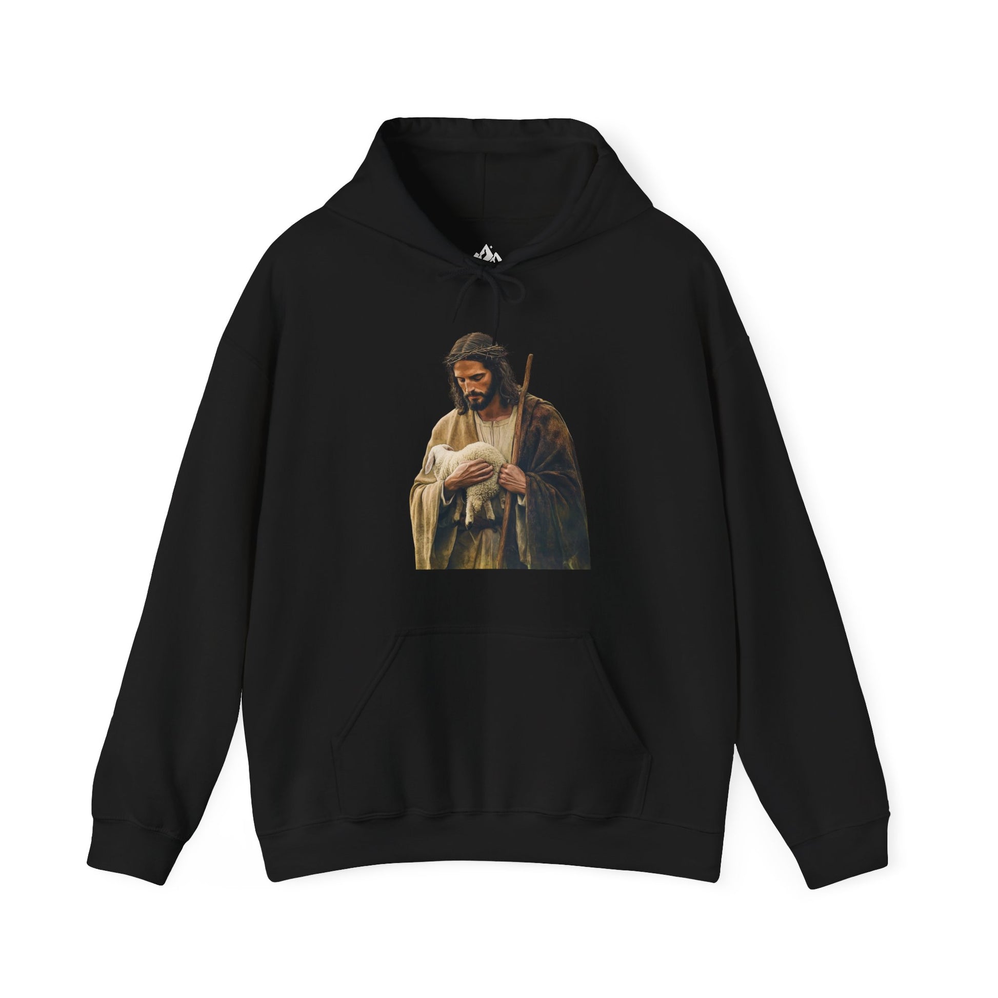 Black hoodie featuring a Christian shepherd holding a lamb, faith-inspired apparel design