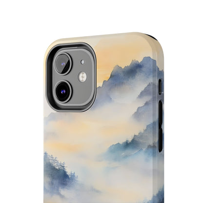 iPhone case with serene misty mountain landscape in blue and soft yellow watercolor style