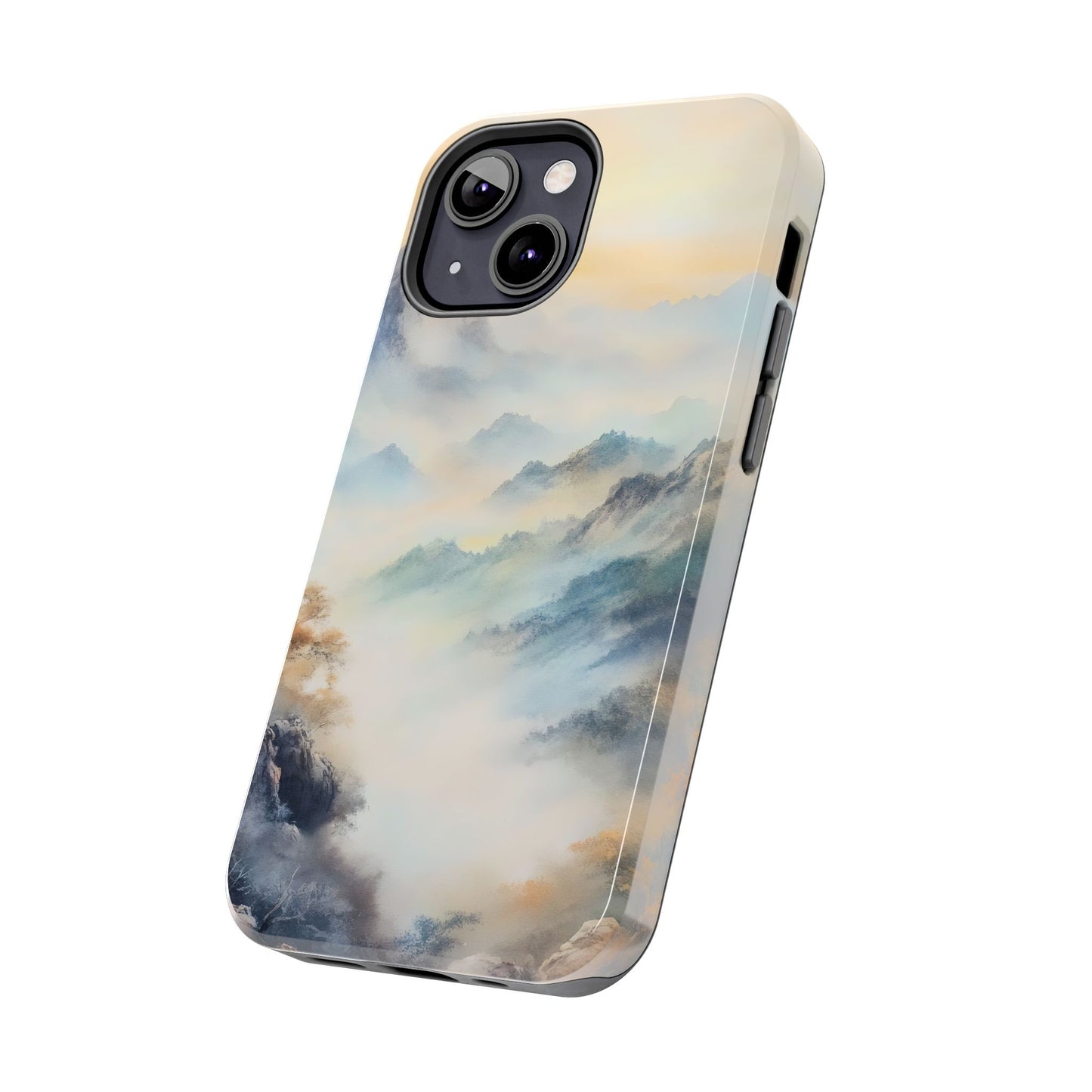 Phone case with serene mountain landscape and misty pastel clouds design