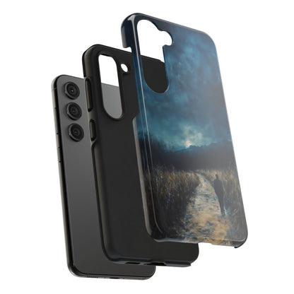Christian phone case with serene landscape, lone figure walking on a path under a moody sky