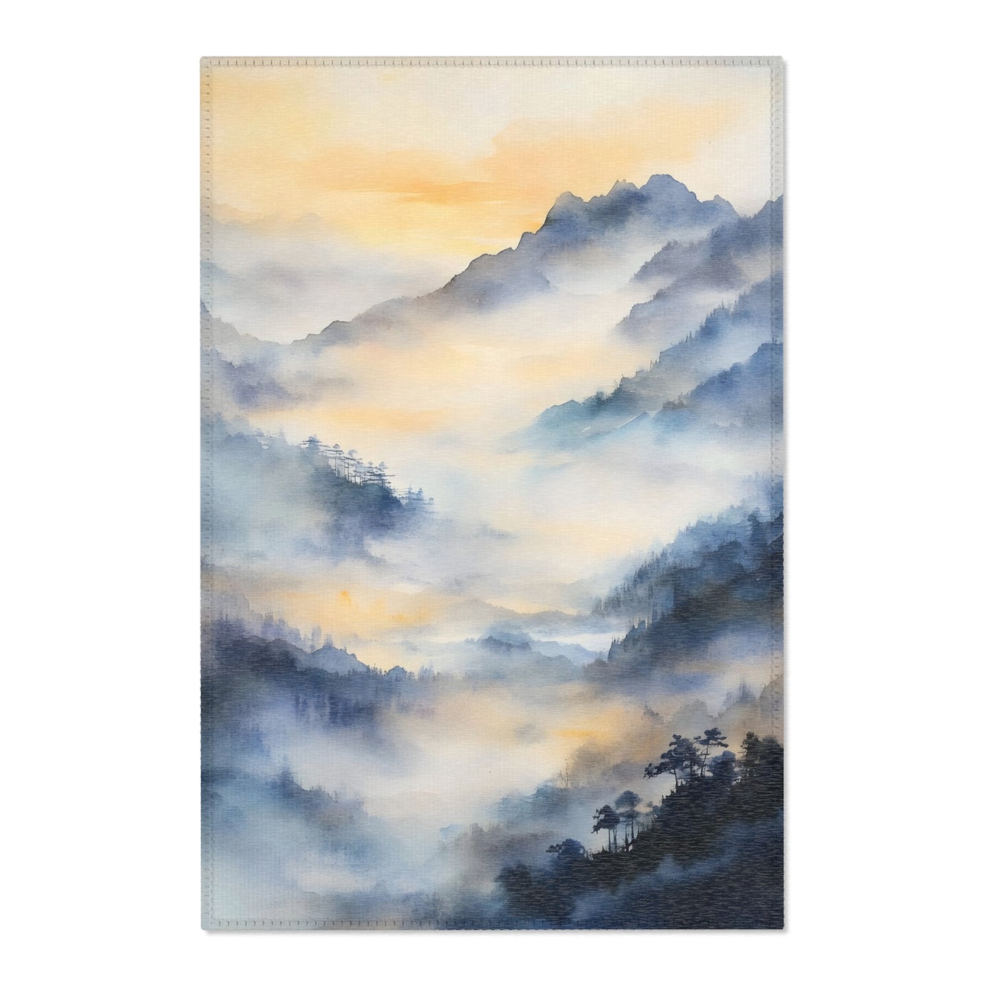 Serene watercolor mountain landscape with mist, pine trees, and soft sunrise light